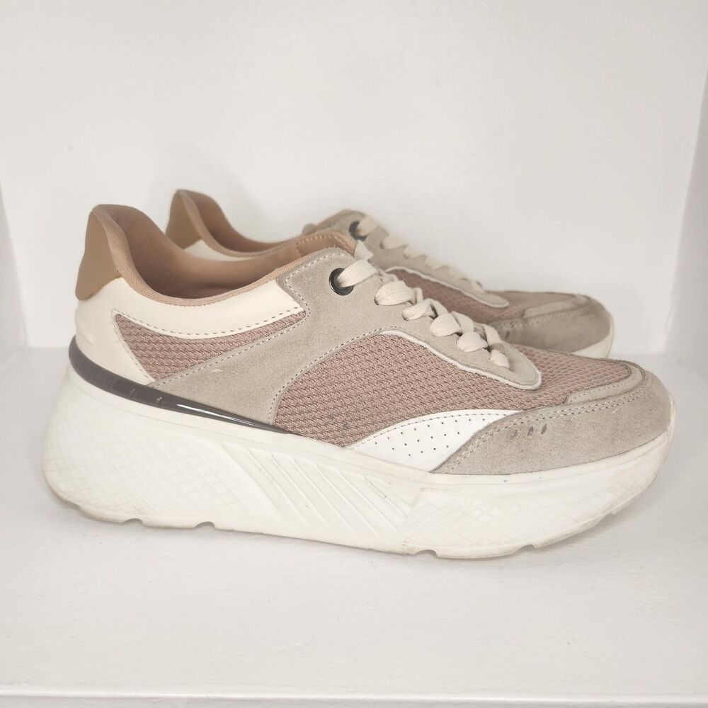ZARA Platform Fashion Sneakers Women's Size 7.5 Mauve Taupe White Everyday Shoe